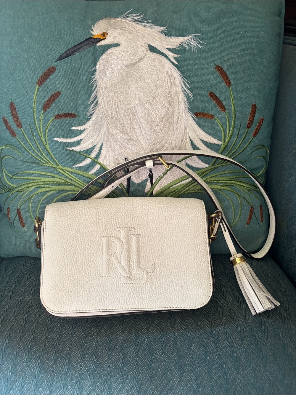 Ralph Lauren White Pebbled Leather Crossbody Bag with Tassel NWOT